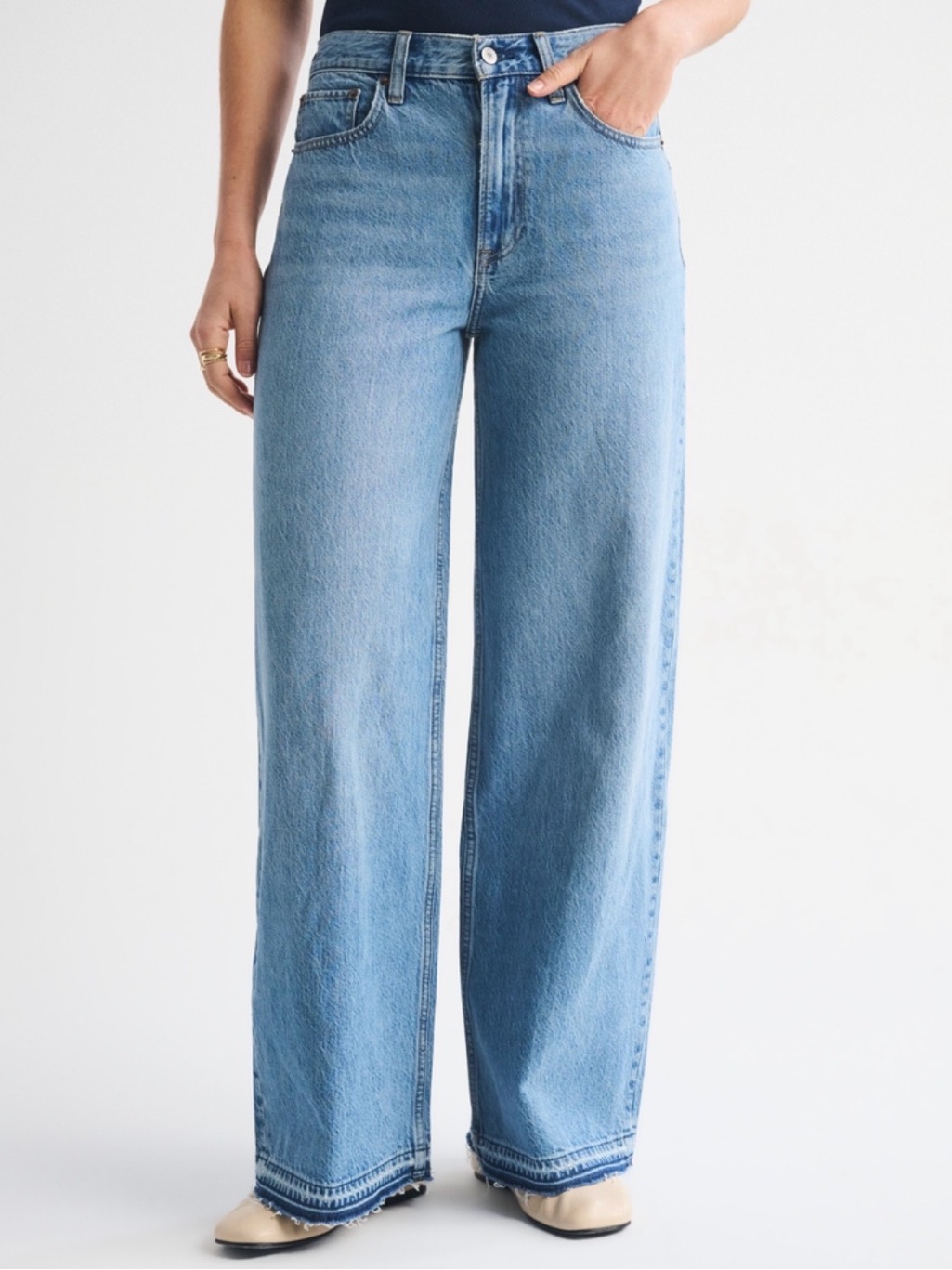Abercrombie & Fitch High Rise Wide Leg Jeans In Medium Let Down Hem